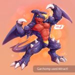  2022 abs absurd_res anthro biceps big_muscles claws dialogue_box digitigrade emanata english_text flexing gameplay_mechanics garchomp hi_res huge_muscles male melee_weapon muscular muscular_anthro muscular_male narrowed_eyes navel nintendo nude number obliques orange_background pecs pictographics pok&eacute;mon pok&eacute;mon_(species) signature simple_background smile solo spikes spikes_(anatomy) standing sword teeth text vein video_games waddledox weapon 