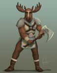  2021 anthro biceps blue_clothing bottomwear brown_body brown_bottomwear brown_clothing brown_fur brown_pants capreoline cervid clothed clothing footwear front_view full-length_portrait fully_clothed fur hi_res holding_axe mammal moose pants portrait rov shadow shoulder_guards signature solo 