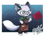  anthro apron barista canid canine clothed clothing eyewear fly_swatter fox fur gingy_(gingy_k_fox) gingy_k_fox glasses grey_body grey_fur looking_at_viewer mammal mistletoe plant shirt solo super_animal_royale topwear uniform 