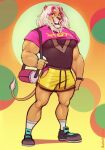  absurd_res anthro beard black_clothing black_shirt black_topwear bottomwear clothing facial_hair felid footwear hair hi_res lion male mammal marlon.cores muscular muscular_anthro muscular_male pantherine pink_clothing pink_shirt pink_topwear shirt shoes shorts smile solo standing topwear white_hair 