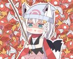  1girl animal_ears aqua_eyes bangs bare_shoulders beanie black_shirt blush_stickers chibi commentary cosplay dawn_(pokemon) dawn_(pokemon)_(cosplay) ear_cutout empty_eyes english_commentary fishing_rod fox_ears fox_girl fox_tail hair_between_eyes hat hololive kukie-nyan long_hair magikarp miniskirt pink_skirt pokemon pokemon_(game) pokemon_bdsp pokemon_dppt red_scarf scarf shirakami_fubuki shirt silver_hair skirt sleeveless sleeveless_shirt tail too_many triangle_mouth twitter_username virtual_youtuber white_hair white_headwear 