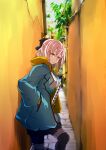  1girl against_wall ahoge bangs black_bow blue_coat bow breasts buttons coat drawstring fate/grand_order fate_(series) hair_between_eyes hair_bow hand_in_pocket hood hood_down hooded_jacket jacket japanese_clothes katana kimono koha-ace long_sleeves medium_breasts okita_souji_(fate) okita_souji_(koha/ace) open_clothes open_coat open_jacket outdoors pakotaroh platinum_blonde_hair pocket short_hair short_kimono solo sword weapon white_kimono yellow_eyes yellow_jacket 