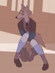 5_fingers anthro beastars blue_bottomwear blue_clothing blue_footwear blue_jacket blue_shirt blue_skirt blue_socks blue_topwear bottomwear calf_socks canid canine canis clothing colored detailed_background digital_drawing_(artwork) digital_media_(artwork) dress_shirt dress_shoes eyelashes facial_tuft fingers footwear front_view frown full-length_portrait fur grey_body grey_fur half-closed_eyes hands_between_legs hands_crossed hi_res inside jacket legoshi_(beastars) long_sleeves looking_aside male mammal multicolored_body multicolored_fur narrowed_eyes open_mouth orange_background pashoo pattern_clothing pattern_shirt pattern_topwear plaid plaid_clothing plaid_shirt plaid_topwear plantigrade portrait sad school_uniform shaded shirt simple_background sitting sketch sketch_background skirt snout socks solo string_bow tail teeth toes_pointed_inward topwear trans_(lore) trans_woman_(lore) triangular_ears tuft two_tone_body two_tone_fur uniform wolf