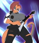  anthro big_breasts bottomwear breasts calyn_reyzir clothed clothing digital_media_(artwork) electric_guitar eyes fan_character flashing guitar gynomorph hair herm hi_res intersex jacket leather leather_bottomwear leather_clothing leather_pants lizard markings musical_instrument nintendo nipples open_clothing open_shirt open_topwear pants playing_guitar playing_music plucked_string_instrument pok&eacute;mon pok&eacute;mon_(species) pupils redimplight reptile scales scalie scrafty shirt simple_background slit_pupils smile solo string_instrument tail tits_out topwear torn_bottomwear torn_clothing torn_pants video_games 