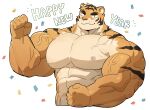  abs absurd_res anthro areola big_biceps big_pecs confetti english_text felid fist fur hi_res holidays male mammal muscular muscular_anthro muscular_male new_year nipples nude orange_body orange_fur pantherine pecs simple_background solo syukapong text tiger vein white_background 
