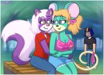 anthro blonde_hair blue_eyes clothed clothing duo facial_hair female fur green_body green_fur hair heterochromia hug human hybrid male mammal melinda_mouse melissa_mouffette mephitid mike_and_melissa mike_chenoweth mouse murid murine purple_body purple_fur rodent skunk solo toku17 white_hair yellow_eyes