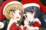  2girls bangs bell black_hair blonde_hair blue_bow blue_bowtie blunt_bangs bob_cut bow bowtie brown_eyes christmas cutlass_(girls_und_panzer) datemaki_360 dress eyebrows_visible_through_hair fur-trimmed_dress fur_trim girls_und_panzer grin hat highres holding_hands holly interlocked_fingers long_hair multiple_girls neck_bell open_mouth red_dress red_headwear reizei_mako santa_hat short_hair short_sleeves smile snowflakes yellow_eyes 