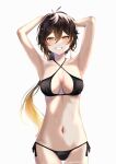  1girl absurdres armpits arms_behind_head arms_up bangs bikini blush breasts brown_hair commentary_request earrings eyebrows_visible_through_hair genderswap genderswap_(mtf) genshin_impact gradient_hair grin hair_between_eyes highres jewelry large_breasts long_hair looking_at_viewer multicolored_hair navel orange_hair ponytail single_earring smile solo sparkle swimsuit tassel tassel_earrings yumenoakagi zhongli_(genshin_impact) 