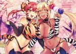  2girls absurdres alternate_costume animal_ears animal_print bikini black_gloves black_legwear blonde_hair breasts cherry_blossoms chinese_zodiac cropped_legs dark-skinned_female dark_skin elbow_gloves english_text fake_animal_ears fake_tail fangs fingerless_gloves gloves heterochromia highres holocouncil hololive hololive_english houshou_marine large_breasts multiple_girls open_mouth planet_hair_ornament poponkann print_gloves red_eyes striped striped_bikini swimsuit tail thighhighs thighlet thighs tiger_print tiger_tail tongue tree tsukumo_sana twintails year_of_the_tiger yellow_eyes 
