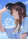  1girl baseball_cap baseball_uniform blue_sky brown_hair cloud contrail green_eyes hair_ornament hairpin hand_on_headwear hat highres himekawa_yuki idolmaster idolmaster_cinderella_girls looking_at_viewer looking_down short_sleeves sky solo sportswear upper_body yyydddd0 