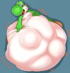 2021 4_fingers ambiguous_gender ambiguous_prey back_spikes belly big_belly boots clothing digital_media_(artwork) dinosaur english_description feral fingers footwear green_body green_yoshi hi_res huge_belly hyper hyper_belly japanese_description looking_at_belly mario_bros multicolored_body nervous_sweat nintendo open_mouth prehistoric_species reptile sabamiso_(sabamasasix) scalie shoes simple_background smaller_pred solo spikes spikes_(anatomy) two_tone_body vore white_body yoshi