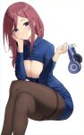  1girl absurdres black_legwear blue_eyes blue_sweater breasts cleavage cleavage_cutout clothing_cutout crossed_legs elbow_rest go-toubun_no_hanayome head_rest headphones highres holding holding_headphones large_breasts long_hair long_sleeves looking_at_viewer nakano_miku pantyhose parted_lips red_hair simple_background sitting smile solo steeb straight_hair sweater teeth white_background 