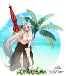  1girl absurdres animal_ear_fluff animal_ears armpits bare_arms bare_legs bare_shoulders beach_umbrella bikini black_choker black_sarong blue_sky blush breasts choker cleavage closed_mouth cloud collarbone commentary commentary_request day eun_soyeon_(lustyfox) flower fox_ears fox_girl fox_tail full_body gradient_clothes groin hair_between_eyes hair_flower hair_ornament halterneck hand_on_own_hip hand_on_own_thigh high_heels highres korean_commentary large_breasts large_tail leaning_forward long_hair looking_at_viewer mole mole_on_thigh navel o-ring o-ring_bikini original outdoors parted_bangs sarong second-party_source see-through skindentation sky smile solar_(happymonk) solo standing stomach string_bikini swimsuit tail thigh_strap thighs umbrella very_long_hair white_bikini white_hair yellow_eyes 