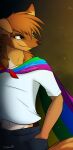  absurd_res anthro black_bottomwear black_clothing black_pants blue_eyes bottomwear brown_body brown_fur canid cape clothing floppy_ears fur giru_(artist) hands_in_pockets hi_res lgbt_pride looking_back male mammal pants pockets pride_colors rainbow_flag rainbow_pride_flag rainbow_symbol shirt solo t-shirt topwear white_clothing white_shirt white_t-shirt white_topwear zen_(gheist) 