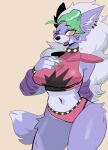  2021 animatronic anthro biped black_collar black_eyebrows black_markings black_nose bodily_fluids breasts canid canine canis claws clothing collar curvy_figure digital_media_(artwork) ear_piercing ear_tuft eyebrows facial_markings female five_nights_at_freddy&#039;s five_nights_at_freddy&#039;s:_security_breach fur glistening glistening_hair glistening_legs green_claws green_hair grey_hair hair hand_behind_back hand_on_breast head_markings hi_res leg_tuft lips long_hair machine mammal markings multicolored_body multicolored_clothing multicolored_eyes multicolored_fur multicolored_hair navel one_eye_closed orange_background piercing pink_clothing pink_topwear pink_underwear portrait puppychan48 purple_body purple_eyelids purple_fur purple_inner_ear purple_lips purple_sleeves robot roxanne_wolf_(fnaf) scottgames shaded simple_background simple_shading solo spiked_collar spikes striped_sleeves sweat three-quarter_portrait topwear tuft two_tone_body two_tone_clothing two_tone_fur two_tone_hair underwear video_games wolf yellow_sclera 