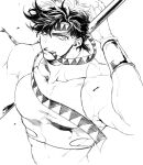  1boy battle_tendency crop_top determined fingerless_gloves gloves hammer headband jojo_no_kimyou_na_bouken joseph_joestar joseph_joestar_(young) male_focus midriff mouth_hold over_shoulder s_gentian solo triangle_print wristband 