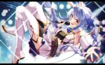  1girl :d animal_ear_fluff animal_ears bangs belt blue_bow blue_hair blush boots bow braid breasts brown_belt carrot_hair_ornament commentary_request detached_sleeves eyebrows_visible_through_hair food-themed_hair_ornament hair_bow hair_ornament haruhina_purple highres holding holding_microphone hololive long_hair long_sleeves looking_at_viewer medium_breasts microphone outstretched_arm pleated_skirt rabbit_ears red_eyes short_eyebrows skirt smile solo thick_eyebrows thigh_boots thighhighs twin_braids twintails usada_pekora very_long_hair virtual_youtuber white_footwear white_legwear white_skirt 