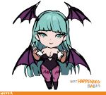  1girl animal_print bat_print bat_wings black_leotard breasts chibi concept_art cowboy_shot demon_wings elbow_gloves ennuigrl figure gloves goodsmile_company green_eyes green_hair head_wings highres large_breasts leotard lips long_hair morrigan_aensland nendoroid pantyhose parody print_legwear purple_legwear sketch smile style_parody thick_thighs thighs toy vampire_(game) white_background wings 