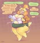  after_vore animal_crossing anthro belly big_belly big_breasts blush blushing_profusely bottomwear breasts button_pop canid canine canis cleavage cleavage_overflow clothed clothing dialogue domestic_dog english_text female female_pred hi_res huge_breasts isabelle_(animal_crossing) keffotin lying mammal nervous nintendo overweight overweight_anthro overweight_female pencil_skirt shih_tzu skirt solo text thick_thighs toy_dog unseen_character video_games vore weight_gain 