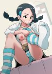  1girl black_hair breasts brown_eyes brown_skirt cameltoe candice_(pokemon) closed_mouth commentary_request dressing hair_ornament hairclip indoors kneehighs long_hair looking_down makino_harumaki miniskirt multi-tied_hair navel nipples no_shoes panties pokemon pokemon_(game) pokemon_dppt shiny shiny_hair shirt sitting skirt solo striped striped_legwear striped_panties twintails underwear white_shirt 