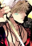  1boy alternate_costume bangs battle_tendency bead_necklace beads blonde_hair caesar_anthonio_zeppeli colored_eyelashes dragon_print facial_mark green_eyes hood jewelry jojo_no_kimyou_na_bouken male_focus necklace s_gentian solo staff 