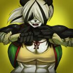  2021 abs anthro arm_wraps biceps big_breasts black_body black_fur black_hair breasts cleavage clothed clothing crop_top ezzyecchi fangs female fingerless_gloves fist fur gesture giant_panda gloves hair hair_over_eyes handwear hi_res jacket mammal midriff multicolored_body multicolored_fur multicolored_hair muscular muscular_female open_mouth open_smile shirt simple_background smile solo string topwear two_tone_body two_tone_fur two_tone_hair ursid white_body white_fur white_hair wraps wu_li-hua_(pltnm06ghost) yellow_background 