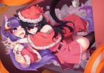  2girls :&lt; ahoge all_fours animal_ear_fluff animal_ears bangs black_hair black_legwear blush boots bow character_request christmas copyright_request dress fang hair_bow hair_ornament hat heizi_mingyue long_hair looking_at_viewer lying moon_(ornament) multiple_girls nail_polish off_shoulder on_back open_mouth pleated_skirt purple_eyes purple_hair purple_nails red_dress red_eyes red_footwear santa_boots santa_dress santa_hat signature skin_fang skirt tail tail_raised thighhighs v white_legwear xingye 