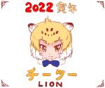  1girl 2022 :3 animal_ears blonde_hair blue_bow blue_bowtie blush bow bowtie chinese_zodiac english_text eyebrows_visible_through_hair framed fur_collar jaguar_(kemono_friends) jaguar_ears jaguar_girl kemono_friends looking_at_viewer multicolored_hair new_year nochi_tech short_hair solo translated white_hair year_of_the_tiger yellow_eyes 