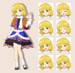  1girl 4rion :d absurdres arm_warmers black_dress black_footwear blonde_hair blue_overskirt blush brown_jacket closed_mouth commentary_request dress embarrassed green_eyes happy highres jacket mary_janes mizuhashi_parsee open_mouth pointy_ears sash scarf shoes short_sleeves smile smug socks standing surprised tachi-e touhou v-shaped_eyebrows white_sash white_scarf white_socks worried 