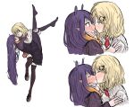  2girls black_legwear blonde_hair blue_eyes blush carrying closed_eyes commentary ear_blush english_commentary eye_contact face-to-face facing_another from_side gradient_hair highres hololive hololive_english kiss long_hair long_sleeves looking_at_another medium_hair mole mole_under_eye multicolored_hair multiple_girls multiple_views ninomae_ina&#039;nis orange_hair pantyhose pointy_ears princess_carry profile purple_hair purple_legwear ribbed_sleeves sidelocks swoog tentacle_hair thighhighs very_long_hair virtual_youtuber watson_amelia white_background yuri 