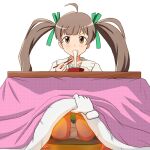  1girl ahoge bangs barefoot blouse blush bowl brown_eyes brown_hair chopsticks collared_blouse commentary_request crotch_seam disembodied_limb eating gameplay_mechanics green_ribbon hair_ribbon hakozaki_serika holding holding_chopsticks idolmaster idolmaster_million_live! kotatsu lielos long_hair looking_at_viewer mochi panties pantyshot partial_commentary ribbon simple_background sitting solo table twintails underwear v-shaped_eyebrows white_background white_blouse 