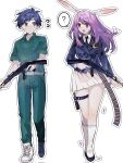  1boy 1girl akasasachii black_jacket black_necktie blue_eyes collared_shirt crescent crescent_pin fear_&amp;_hunger fear_&amp;_hunger_2:_termina full_body green_jumpsuit gun highres holding holding_weapon jacket jumpsuit levi_(fear_&amp;_hunger) necktie pleated_skirt reisen_udongein_inaba rifle shirt short_sleeves simple_background skirt socks touhou weapon weapon_request white_background white_shirt white_skirt white_socks 