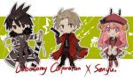  1girl 2boys :q akasasachii alba_(senyuu) antennae bell black_coat black_hair black_pants black_vest blue_necktie boots brown_eyes brown_hair capelet closed_mouth coat crimson_scar_(e.g.o) dress e.g.o_(project_moon) full_body gun hair_bell hair_ornament hat highres holding holding_gun holding_sickle holding_weapon jingle_bell justitia_(e.g.o) laetitia_(e.g.o) lobotomy_corporation long_hair looking_at_viewer multiple_boys necktie pants pink_capelet pink_dress pink_footwear pink_hair pink_hat project_moon red_capelet red_coat red_eyes ross_(senyuu) ruki_(senyuu) sen&#039;yuu. shirt smile tongue tongue_out very_long_hair vest weapon white_shirt 