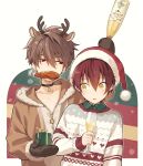  2boys animal_ears antlers bangs bell black_choker bottle box brown_hair brown_jacket chicken_(food) chicken_wing choker christmas christmas_sweater cup food fur-trimmed_jacket fur_trim gift gift_box hair_between_eyes hat highres holding holding_bottle holding_cup jacket long_sleeves male_focus mittens mouth_hold multiple_boys original pillow_(nutsfool) red_eyes red_hair santa_hat simple_background star_(symbol) sweat sweater symbol-only_commentary upper_body yellow_eyes 