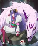  1girl absurdres ahoge alternate_eye_color alternate_hair_color alternate_hairstyle bangs blue_hair blush braid curled_horns flower fur_(clothing) hair_between_eyes hair_flower hair_ornament highres horns huingae_(njun0) japanese_clothes kindred_(league_of_legends) lamb_(league_of_legends) league_of_legends long_hair mask mask_removed official_alternate_costume outdoors purple_hair ribbon side_braid sitting smile spirit_blossom_kindred tree twin_braids water white_fur 