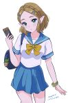  1girl absurdres alternate_costume bag bag_charm black_bag blonde_hair blue_eyes blue_sailor_collar blue_skirt bow bowtie bracelet braid cellphone charm_(object) contemporary crown_braid dated hair_ornament hairclip highres holding holding_phone jewelry korok phone pleated_skirt pointy_ears princess_zelda sailor_collar school_uniform serafuku shirt short_hair shoulder_bag sidelocks signature simple_background skirt smartphone the_legend_of_zelda the_legend_of_zelda:_tears_of_the_kingdom tsunemoku white_background white_shirt yellow_bow yellow_bowtie 