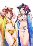  2girls animal_ears animal_print bikini black_hair blue_eyes breasts brown_eyes brown_hair claw_pose cleavage covered_nipples flower grin hair_flower hair_ornament hairband happy_new_year healin&#039;_good_precure highres hiramitsu_hinata large_breasts looking_at_viewer mole mole_on_breast multiple_girls nail_polish navel new_year precure robe rumo sawaizumi_chiyu small_breasts smile swimsuit tail thighs tiger_ears tiger_print tiger_stripes tiger_tail twintails 