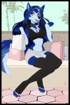  2022 4_toes 5_fingers anthro blue_body blue_fur blue_hair breasts canid canine canis claws clothed clothing day detailed_background digital_media_(artwork) feet female fingers fur hair mammal midriff navel outside paws sky smile solo toe_claws toes wolf wolflady 