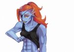  abs animal_humanoid blue_body blue_skin clothed clothing clothing_lift ear_fins eye_patch eyewear female fin fish fish_humanoid hair humanoid marine marine_humanoid muscular muscular_female muscular_humanoid ponytail rabiescanis red_hair sharp_teeth shirt shirt_lift solo tank_top teeth topwear undertale_(series) undyne yellow_sclera 