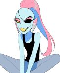  animal_humanoid blue_body blue_skin clothing ear_fins eye_patch eyewear female fin fish fish_humanoid hair hi_res humanoid marine marine_humanoid ouse ponytail pupils red_hair shirt simple_background sitting slit_pupils solo tank_top topwear undertale_(series) undyne white_background yellow_sclera yellow_teeth 
