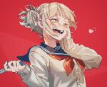  1girl bangs blonde_hair blue_sailor_collar blunt_bangs blush boku_no_hero_academia breasts brown_cardigan cardigan commentary_request double_bun fangs hair_bun hajikkoneko heart highres knife looking_at_viewer messy_hair open_mouth red_background sailor_collar school_uniform sidelocks smile solo teeth toga_himiko yellow_eyes 