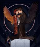  2boys beanie bird_wings black_footwear black_hair black_wings brown_coat brown_hair brown_pants circle closed_eyes closed_mouth coat commentary dark_background dream_smp english_commentary feathered_wings feathers fine_art_parody full_body hat head_tilt highres holding_hands imminent_kiss j._c._leyendecker_(style) jacket jacket_on_shoulders kneeling male_focus medium_hair minecraft_youtube multiple_boys necktie pants parody parted_lips pedestal pinstripe_pants pinstripe_pattern quackity red_hat red_jacket red_necktie round_eyewear shirt short_hair smile spats_(footwear) unit_ssn0va white_shirt wilbur_soot wings yaoi yellow_wings 