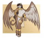  anthro big_breasts breasts clothing daf egyptian_clothing felid female genitals gold_(metal) gold_jewelry hand_on_hip jewelry looking_at_viewer mammal mythological_sphinx mythology pussy simple_background solo translucent translucent_clothing wings 