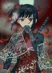  1girl akasasachii black_gloves black_hair capelet china_dress chinese_clothes cigarette dress flower gloves hair_flower hair_ornament hand_up highres holding holding_cigarette lace lace_capelet lace_gloves lace_sleeves limbus_company looking_at_viewer parted_lips project_moon red_dress red_eyes red_flower ryoshu_(project_moon) short_hair side_ponytail smile smoke smoking solo spider_lily upper_body white_capelet 