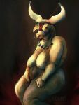  anthro big_breasts bovid bovine breasts cattle chubby_female digital_media_(artwork) facial_piercing female hi_res horn jewelry looking_at_viewer mammal molvno nose_piercing nude piercing simple_background slightly_chubby solo 