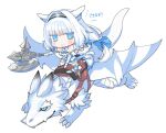  1girl animal_ear_fluff animal_ears armored_boots axe bangs bare_shoulders blue_bow blue_eyes blue_legwear blue_ribbon blush boots bow breasts cat_ears cat_girl cat_tail chibi cleavage detached_collar detached_sleeves dobrynya_nikitich_(fate) dragon dress fate/grand_order fate_(series) fur_trim hair_bow hairband knee_boots large_breasts long_hair looking_at_viewer low_ponytail ribbon riding robina short_dress tail thighhighs white_dress white_hair 
