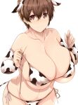  1girl animal_ears animal_print bangs bikini breasts brown_eyes brown_hair chinese_zodiac cleavage closed_mouth collarbone commentary_request covered_nipples cow_ears cow_horns cow_print crossed_bangs detached_sleeves fake_animal_ears fake_horns hair_between_eyes highres horns huge_breasts idolmaster idolmaster_cinderella_girls looking_at_viewer oikawa_shizuku plump print_bikini short_hair side-tie_bikini simple_background skindentation smile solo standing swimsuit tsukasawa_takamatsu underboob white_background white_bikini year_of_the_ox 