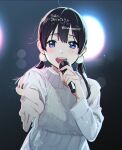  1girl black_hair commentary_request facing_viewer hair_ornament highres holding holding_microphone kitashirakawa_tamako long_hair long_sleeves low_twintails microphone momose_(oqo) music open_mouth pom_pom_(clothes) pom_pom_hair_ornament shirt singing smile solo tamako_market twintails upper_body white_shirt 