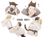  2boys animal_ears arm_around_waist armor arms_around_back belt black_belt blonde_hair breastplate brown_hair closed_eyes closed_mouth collared_shirt commentary_request couple cropped_legs cropped_torso dion_lesage dog_ears dog_tail english_text final_fantasy final_fantasy_xvi haco hair_over_one_eye hands_on_another&#039;s_leg heart highres hug kemonomimi_mode male_focus multiple_boys multiple_views muzzle one_eye_covered pants pauldrons puffy_sleeves shirt short_hair shoulder_armor sleeve_cuffs smile speech_bubble spoken_heart tail terrence_(ff16) white_background white_pants white_shirt yaoi 