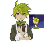  1boy akasasachii apron brown_eyes brown_shirt cookie_run cookie_run:_kingdom green_hair herb_cookie highres humanization long_sleeves looking_at_viewer open_mouth plant plant_hair potted_plant shirt simple_background sleeve_cuffs solo white_apron white_background 